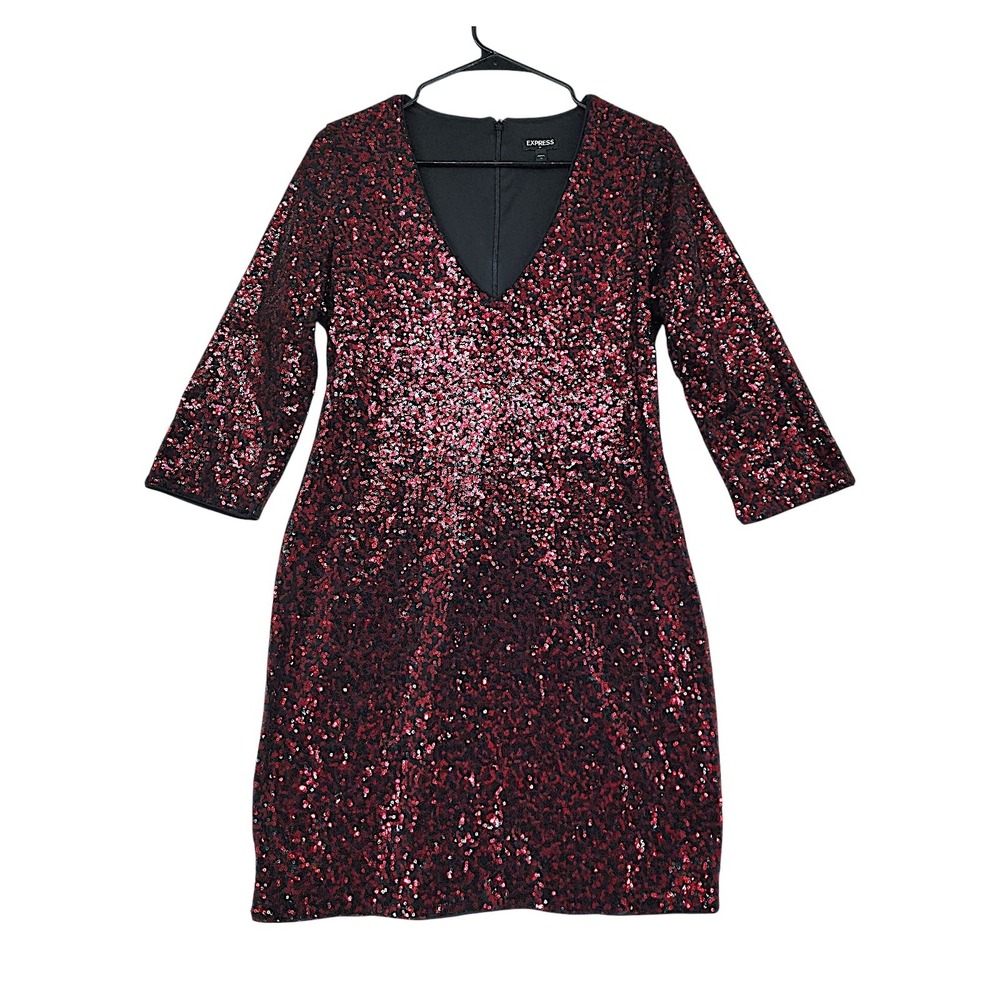 Express Sequin Mini Dress 10 Red Black V-Neck 3/4 Sleeve Holiday Glam NYE Party